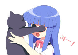 Rule 34 | 1girl, :d, animal, black cat, blue hair, bow, bowtie, cat, commentary, covering another&#039;s eyes, eye poke, furude rika, gaou (babel), higurashi no naku koro ni, holding, holding animal, holding cat, long hair, open mouth, pink bow, pink bowtie, poking, shirt, short sleeves, simple background, smile, solo, suspenders, translated, white background, white shirt