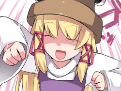 Rule 34 | 1girl, ^ ^, blush, clenched hands, closed eyes, commentary request, closed eyes, false smile, hair ribbon, hammer (sunset beach), hat, incoming attack, incoming punch, looking at viewer, moriya suwako, open mouth, punching, ribbon, sidelocks, smile, solo, touhou, upper body, wide sleeves