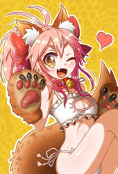 Rule 34 | 1girl, animal ears, animal hands, bell, breasts, cat cutout, cat lingerie, cleavage, cleavage cutout, clothing cutout, collar, collarbone, fang, fate/grand order, fate (series), fox ears, fox tail, gloves, hair ribbon, heart, jingle bell, large breasts, long hair, looking at viewer, lowres, meme attire, midriff, neck bell, one eye closed, open mouth, panties, paw gloves, pink hair, ribbon, side-tie panties, solo, tail, tamamo (fate), tamamo cat (fate), tamamo no mae (fate/extra), the dark, underwear, yellow eyes