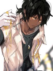 Rule 34 | 1boy, arknights, black hair, black shirt, closed mouth, dark-skinned male, dark skin, gloves, jacket, jewelry, kanengomi, low ponytail, male focus, necklace, ponytail, shirt, simple background, solo, thorns (arknights), twitter username, upper body, white background, white gloves, white jacket, yellow eyes