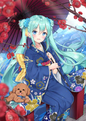 Rule 34 | 1girl, :d, alternate costume, animal, aqua eyes, aqua hair, bad id, bad pixiv id, blue kimono, blue nails, blush, branch, bridge, dog, douya (233), floral print, flower, hair flower, hair ornament, hatsune miku, highres, holding, holding umbrella, japanese clothes, kimono, long hair, long sleeves, looking at viewer, nail polish, obi, oil-paper umbrella, on railing, open mouth, outdoors, pinky out, poodle, railing, river, sash, sitting, smile, solo, sparkle, tongue, tongue out, twintails, umbrella, very long hair, vocaloid, water, wide sleeves, yukata