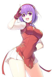 Rule 34 | 1girl, :d, arm up, asamiya athena, blush, breasts, commentary request, dress, fingerless gloves, gloves, hair between eyes, hairband, hand on own hip, highres, medium breasts, naoki (endofcentury102), open mouth, purple eyes, purple hair, red dress, red gloves, red hairband, short sleeves, simple background, sleeveless, sleeveless dress, smile, solo, star (symbol), teeth, the king of fighters, the king of fighters xv, upper teeth only, w, white background