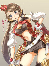 Rule 34 | 10s, 1girl, abo (hechouchou), armpits, bare shoulders, black panties, blue eyes, blush, breasts, brown hair, cleavage, cowboy shot, detached sleeves, gloves, granblue fantasy, hair ornament, hair scrunchie, hand on own hip, harie (granblue fantasy), hat, long hair, looking at viewer, low twintails, navel, panties, pantyshot, parted lips, scrunchie, solo, standing, sweat, translation request, twintails, underwear, white gloves