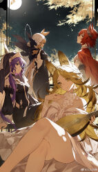 Rule 34 | 4girls, absurdres, animal ears, arknights, back, backless dress, backless outfit, bare shoulders, blonde hair, butterfly over eye, cape, cat ears, cat girl, closed mouth, commentary request, crossed legs, dorothy (arknights), dorothy (hand of destiny) (arknights), dress, fiammetta (arknights), fiammetta (divine oath) (arknights), flower, grey shirt, habit, highres, holding, holding instrument, instrument, jiusan naitang, juliet sleeves, long hair, long sleeves, looking at viewer, looking back, moon, mouse ears, mouse girl, multiple girls, night, off-shoulder dress, off shoulder, official alternate costume, parted bangs, parted lips, puffy sleeves, purple eyes, purple hair, quercus (arknights), quercus (the bard&#039;s tale) (arknights), red cape, red eyes, red hair, shirt, sideways glance, sitting, smile, whisperain (arknights), whisperain (priory of abyss) (arknights), white dress, white flower, white veil, yellow eyes