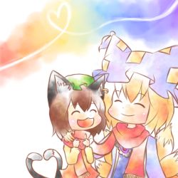 Rule 34 | 2girls, :3, ^ ^, animal ears, bad id, bad pixiv id, blonde hair, brown hair, cat ears, cat girl, cat tail, chen, chibi, closed eyes, earrings, closed eyes, female focus, fox tail, hat, heart, heart tail, jewelry, kuzugitsune (inarikami), lowres, multiple girls, multiple tails, scarf, shared clothes, shared scarf, short hair, smile, tail, touhou, yakumo ran