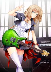 Rule 34 | 1girl, 440, amplifier, blonde hair, blue eyes, electric guitar, guitar, instrument, looking at viewer, open mouth, original, short hair, skirt, smile, solo, thighhighs, twintails, watch, wristwatch