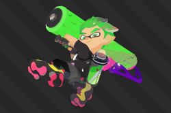 Rule 34 | 1boy, green hair, holding, holding weapon, ink tank (splatoon), inkling player character, male focus, md5 mismatch, nintendo, official art, pointy ears, resized, roller (splatoon), shoes, solo, splat roller (splatoon), splatoon (series), splatoon 2, tentacle hair, weapon