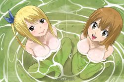 Rule 34 | 2girls, barefoot, blonde hair, breasts, brown eyes, brown hair, cleavage, colorized, elie, fairy tail, gaston18, large breasts, lucy heartfilia, mashima hiro, multiple girls, nude, onsen, open mouth, rave, smile, toe scrunch, toes, water, wet