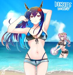 Rule 34 | 2girls, animal ears, arknights, armpits, arms up, ball, bare arms, bare shoulders, basashisenjumin, beachball, bikini, black bikini, black shorts, blue bikini, blue hair, blue sky, ch&#039;en (arknights), ch&#039;en the holungday (arknights), ch&#039;en the holungday (elite ii) (arknights), cloud, commentary request, cowboy shot, day, dragon horns, eyewear on head, flower, grey shorts, hair between eyes, hair flower, hair ornament, hands in hair, holding, holding ball, horns, lin (arknights), long hair, looking at viewer, micro shorts, mouse ears, multiple girls, navel, ocean, open fly, pink eyes, pink hair, red eyes, red flower, short shorts, shorts, simple background, sky, standing, stomach, sunglasses, swimsuit, thigh strap, thighs, very long hair, wading, water, white background