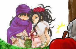Rule 34 | 1boy, 1girl, :o, bare shoulders, black hair, blue eyes, blue hair, blush, bow, bracelet, breasts, cape, choker, cleavage, deborah (dq5), dragon quest, dragon quest v, dress, earrings, evil apple, feather boa, flower, grey eyes, hair bow, hair flower, hair ornament, hero (dq5), hoop earrings, husband and wife, jewelry, long hair, mole, necklace, pekuchin (pekuchin 3), pointing, red flower, red rose, ring, rose, slime knight, sweatdrop, turban