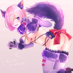 Rule 34 | 1girl, animal ears, ass, bent over, blush, breasts, claws, cleavage, elbow gloves, eyes visible through hair, fang, fate/grand order, fate (series), fur-trimmed gloves, fur-trimmed legwear, fur trim, gloves, hair over one eye, halloween costume, heart, heart-shaped pupils, high heels, kneeling, lace, lace-trimmed legwear, lace trim, large breasts, looking at viewer, mash kyrielight, mash kyrielight (dangerous beast), navel, o-ring, o-ring top, official alternate costume, omizu (omz), open mouth, purple eyes, revealing clothes, skindentation, solo, speech bubble, symbol-shaped pupils, tail, text focus, thighhighs, twisted torso, wolf ears, wolf tail
