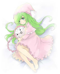 Rule 34 | analog clock, bare legs, barefoot, blush, capelet, chain, clock, commentary request, dress, ellipsis (mitei), frilled capelet, frilled dress, frilled hairband, frills, green eyes, green hair, hairband, hat, highres, kazami yuuka, kazami yuuka (pc-98), long hair, long sleeves, lying, nightcap, nightgown, hugging object, on side, open mouth, oversized object, pink capelet, pink dress, pink headwear, pom pom (clothes), roman numeral, sleepwear, toes, touhou, touhou (pc-98), very long hair