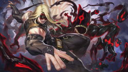 Rule 34 | 1boy, belt buckle, black pants, blonde hair, buckle, covered eyes, eddie (guilty gear), fighting stance, fingerless gloves, forest, gloves, guilty gear, guilty gear strive, highres, long hair, male focus, muscular, muscular male, nature, pants, zato-1