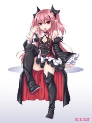 Rule 34 | 1girl, boots, female focus, full body, gradient background, highres, krul tepes, kyuutou (kyuutouryuu), long hair, owari no seraph, panties, pink eyes, pink hair, sitting, solo, thigh boots, thighhighs, two side up, underwear, white background