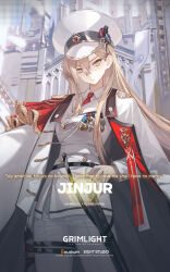 Rule 34 | 1girl, blonde hair, commentary, english commentary, english text, grimlight, highres, jacket, jacket on shoulders, jingur (grimlight), long hair, military, military uniform, necktie, official art, red necktie, solo, uniform, white headwear, white jacket, yellow eyes