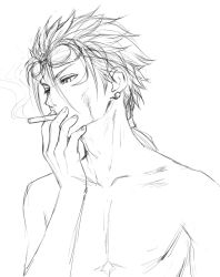 Rule 34 | 1boy, bad id, bad pixiv id, cigarette, collarbone, earrings, final fantasy, final fantasy vii, final fantasy vii remake, goggles, goggles on head, greyscale, hand up, highres, jewelry, male focus, mondi hl, monochrome, reno (ff7), simple background, sketch, smoking, solo, topless male, upper body