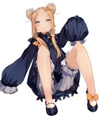Rule 34 | 1girl, abigail williams (fate), black bow, black dress, blonde hair, blue eyes, blush, bow, breasts, dress, fate/grand order, fate (series), forehead, hair bow, highres, long hair, looking at viewer, multiple bows, orange bow, parted bangs, ribbed dress, sleeves past fingers, sleeves past wrists, small breasts, solo, tota (sizukurubiks)
