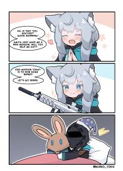 Rule 34 | 1girl, 1other, 3koma, :d, ^^^, ^ ^, acog, amiya (arknights), animal ear fluff, animal ears, arknights, artist name, assault rifle, black jacket, blue archive, blue eyes, blue headwear, blush, cat ears, cat girl, character doll, closed eyes, closed mouth, comic, commentary, cosplay, doctor (arknights), english commentary, english text, foregrip, gloves, grey hair, gun, hat, heart, holding, holding weapon, jacket, kurotofu, long sleeves, look-alike, nightcap, ogura yui (voice actress), open mouth, own hands together, palms together, pillow, print headwear, rifle, rosmontis (arknights), shiroko (blue archive), sig sauer, sig sauer 556, sleepwear, smile, sparkle, speech bubble, star (symbol), star print, stuffed animal, stuffed rabbit, stuffed toy, suppressor, twitter username, under covers, voice actor connection, waking up, weapon, white gloves