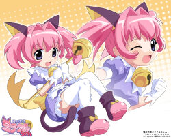 Rule 34 | 1girl, absurdres, bell, black footwear, black tail, blush stickers, bow, cat hair ornament, cat tail, clenched hand, colinarmis, dress, dress bow, footwear ribbon, gloves, hair intakes, hair ornament, highres, holding, holding staff, logo, miracle-chan, one eye closed, open mouth, original, pink footwear, pink hair, pink ribbon, purple dress, purple eyes, ribbon, shoes, short hair, short twintails, staff, tail, thighhighs, twintails, white dress, white gloves, white thighhighs, yellow ribbon