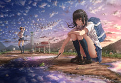 Rule 34 | 2girls, backpack, bag, black hair, blue legwear, bus stop, cloud, cloudy sky, commentary request, frog, highres, k ryo, kneehighs, loafers, multiple girls, original, pleated skirt, puddle, reflection, ripples, scenery, shading eyes, shoes, skirt, sky, socks, squatting, sunset, yellow eyes