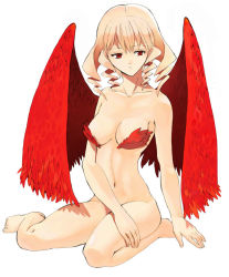 Rule 34 | 1girl, blonde hair, breasts, cleavage, drill hair, feathers, krsg (yuusen wireless), kura, nude, red eyes, short hair, simple background, sitting, solo, wings