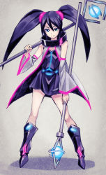 Rule 34 | 10s, 1girl, black footwear, blue hair, boots, chain chronicle, collar, dress, full body, glowing, grey background, heterochromia, highres, holding, holding weapon, matsuryuu, over shoulder, sega hard girls, sega saturn (sega hard girls), shadow, simple background, smile, solo, staff, twintails, weapon, weapon over shoulder