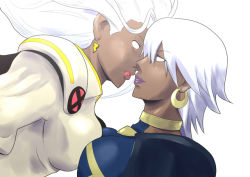 Rule 34 | 10s, 2girls, breast press, breasts, cape, d (atelierd), dark-skinned female, dark skin, dual persona, earrings, elbow gloves, gloves, impossible clothes, impossible shirt, jewelry, large breasts, marvel, multiple girls, shirt, short hair, storm (x-men), symmetrical docking, white hair, x-men, yuri