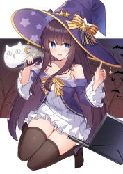 Rule 34 | 1girl, :d, absurdres, azur lane, bare shoulders, bat (animal), black thighhighs, blue eyes, blunt bangs, blush, breasts, brown hair, collarbone, commentary, computer, dress, english commentary, frilled sleeves, frills, full body, ghost, halloween, halloween costume, hat, highres, holding, holding microphone, jacket, laptop, long hair, long island (azur lane), long island (long island&#039;s spooky stream) (azur lane), long sleeves, looking at viewer, medium breasts, microphone, no shoes, official alternate costume, open mouth, purple hat, purple jacket, sidelocks, sitting, skindentation, sleeveless, sleeveless dress, smile, solo, star (symbol), starry background, t@ke-g, thigh gap, thighhighs, very long hair, wariza, white dress, witch hat, zettai ryouiki
