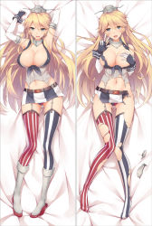 Rule 34 | 10s, 1girl, american flag legwear, american flag panties, american flag print, areola slip, armpits, arms up, asymmetrical legwear, bakugadou, bed sheet, belt, blush, boots, breasts, cleavage, covering one breast, covering privates, dakimakura (medium), damaged, elbow gloves, eyebrows, fingerless gloves, full body, garter straps, gloves, grey footwear, hair between eyes, hand up, hat, high heel boots, high heels, iowa (kancolle), kantai collection, knee boots, large breasts, long hair, looking at viewer, lying, microskirt, mismatched legwear, multiple views, navel, no shoes, on back, open mouth, panties, pantyshot, print panties, skirt, smile, star-shaped pupils, star (symbol), stomach, striped clothes, striped skirt, striped thighhighs, symbol-shaped pupils, thighhighs, torn clothes, torn legwear, torn panties, torn skirt, underwear, v, vertical-striped clothes, vertical-striped thighhighs, watermark, wrist cuffs