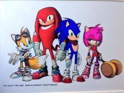 Rule 34 | 1girl, 3boys, amy rose, animal ears, animal nose, bandages, concept art, fox ears, fox tail, full body, furry, furry female, furry male, goggles, goggles on head, green eyes, knuckles the echidna, mallet, multiple boys, multiple tails, official art, photo (medium), pink hair, scarf, sega, shoes, sonic (series), sonic boom (series), sonic the hedgehog, standing, tail, tails (sonic)