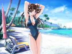 Rule 34 | 1girl, armpits, arms behind head, arms up, beach, black hair, bracelet, breasts, brown hair, casual one-piece swimsuit, chair, cleavage, cloud, day, earrings, female focus, futari ecchi, highleg, highleg swimsuit, jewelry, katsu aki, large breasts, legs, lipstick, long hair, lounge chair, makeup, mountain, nature, one-piece swimsuit, onoda yura, outdoors, palm tree, purple eyes, red eyes, sideboob, sky, smile, solo, standing, swimsuit, tree, umbrella, water, wavy hair