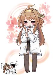 Rule 34 | 1girl, admiral (kancolle), ahoge, blush, boots, brown hair, chibi, commentary request, double bun, full body, hat, headgear, heart, kantai collection, kongou (kancolle), long hair, long sleeves, lr hijikata, peaked cap, purple eyes, smile, standing, thigh boots, thighhighs, triangle mouth, twitter username, | |