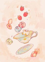 Rule 34 | :o, blue eyes, blush, blush stickers, brown background, checkerboard cookie, closed mouth, commentary request, cookie, cup, english text, falling, flying sweatdrops, food, fruit, kirby, kirby&#039;s dream buffet, kirby (series), metro (metronome40310bis), nintendo, no humans, open mouth, saucer, simple background, star (symbol), strawberry, teacup, tearing up