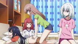 Rule 34 | 4girls, ahoge, animated, animated gif, anime screenshot, aoba kazane, ass, ass grab, bed, bedroom, indoors, interior, kaminashi nozomi, keijo!!!!!!!!, massage, miyata sayaka, multiple girls, o o, screencap, toyoguchi non