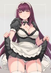 Rule 34 | 1girl, alternate costume, apron, black dress, blush, breasts, cleavage, clothes lift, detached collar, dress, dress lift, enmaided, fate/grand order, fate (series), frills, garter straps, grey background, hair between eyes, hair intakes, highres, hip focus, large breasts, lifted by self, long hair, looking at viewer, maid, maid apron, maid headdress, neck ribbon, nuko (mikupantu), panties, puffy short sleeves, puffy sleeves, purple hair, red eyes, ribbon, scathach (fate), short sleeves, simple background, skirt, skirt lift, smile, solo, thighhighs, thighs, underwear, waist apron, white panties, white thighhighs, wrist cuffs