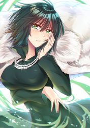 Rule 34 | 1girl, absurdres, black dress, black hair, blush, bob cut, breasts, commentary request, dress, fubuki (one-punch man), fur, fur trim, green eyes, gu li, hand on own face, highres, jacket, jewelry, large breasts, long sleeves, looking at viewer, necklace, one-punch man, short hair, solo, teeth, white jacket