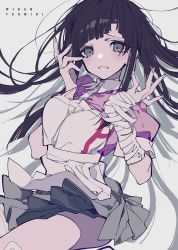 Rule 34 | 1girl, absurdres, apron, bandaged arm, bandages, black hair, clenched teeth, collar, commentary, danganronpa (series), feet out of frame, grey background, grey eyes, grey skirt, highres, light blush, long hair, mochizuki kei, pink shirt, shirt, simple background, skirt, solo, tears, teeth, tsumiki mikan, white collar