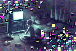 Rule 34 | 1boy, bed, controller, curtains, from behind, game console, game controller, glitch, glowing, indoors, original, pillow, sasakure (mogunonbi), short sleeves, sitting, solo, static, television, wide shot