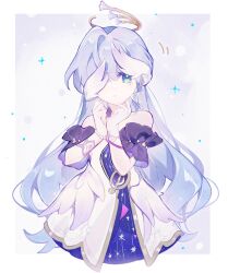 Rule 34 | 1girl, aqua eyes, bracelet, chestnut mouth, colored eyelashes, covering own eyes, detached sleeves, dress, feathered wings, gloves, halo, hand on own face, head wings, highres, honkai: star rail, honkai (series), jewelry, long hair, nervous, open mouth, parted lips, pearl bracelet, purple dress, purple hair, purple sleeves, qianqianjie, robin (honkai: star rail), white dress, white gloves, wings