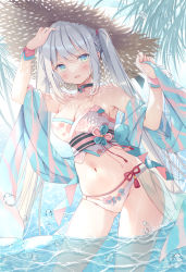 Rule 34 | 1girl, adjusting clothes, adjusting headwear, armpits, arms up, black choker, blanket, blue sky, blush, breasts, choker, cleavage, commentary request, green eyes, hat, hoshino koucha, japanese clothes, kimono, large breasts, long hair, looking at viewer, obi, ocean, open mouth, original, outdoors, palm tree, sash, sky, smile, solo, stomach, straw hat, sun hat, swimsuit, tree, very long hair, wading, water, water drop, white hair, wrist cuffs