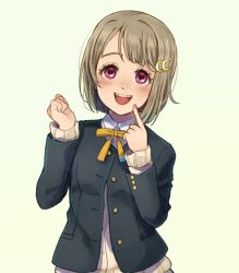 Rule 34 | 10s, 1girl, :d, beniko08, blazer, blush, cardigan, clenched hand, commentary request, crescent, crescent hair ornament, finger to cheek, green background, grey hair, hair ornament, hands up, highres, jacket, long sleeves, love live!, love live! nijigasaki high school idol club, love live! school idol festival, nail polish, nakasu kasumi, neck ribbon, nijigasaki academy school uniform, open mouth, pink nails, purple eyes, ribbon, school uniform, short hair, simple background, smile, solo, standing, upper body, yellow ribbon
