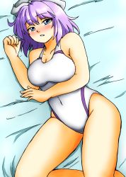 Rule 34 | 1girl, absurdres, blue one-piece swimsuit, blush, breasts, cleavage, competition swimsuit, d-m (dii emu), hat, highres, large breasts, letty whiterock, light purple hair, looking at viewer, lying, one-piece swimsuit, open mouth, short hair, solo, swimsuit, touhou, white one-piece swimsuit
