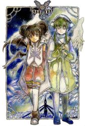 Rule 34 | 00s, 1boy, 1girl, anise tatlin, black hair, brown eyes, closed eyes, green hair, hair tubes, ion (tales), pantyhose, ribbon, staff, tales of (series), tales of the abyss, tamiko (tamiko jp), thighhighs, twintails, wings