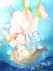 Rule 34 | 1girl, ankle cuffs, anklet, armlet, barefoot, bikini, blonde hair, bubble, diving, closed eyes, feet, freediving, gem, hairline, holding breath, jewelry, long hair, lots of jewelry, ocean, original, pearl (gemstone), puffy cheeks, ring, rock, solo, swimsuit, underwater, upside-down, water, wisterian06