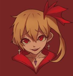 Rule 34 | 1girl, bad id, bad pixiv id, blonde hair, collarbone, cross, cross earrings, earrings, flandre scarlet, hitokuchii, jewelry, long hair, necklace, open mouth, portrait, red background, red eyes, side ponytail, simple background, slit pupils, smile, solo, teeth, touhou, upper teeth only