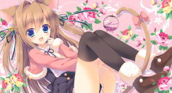 Rule 34 | 1girl, :d, animal ears, bad id, bad pixiv id, birdcage, black thighhighs, blue eyes, blush, brown hair, cage, cat ears, cat tail, flower, hair intakes, hair ribbon, long hair, looking at viewer, mitsuki tsumi, open mouth, original, ribbon, rose, shoes, skirt, smile, solo, tail, thighhighs, two side up
