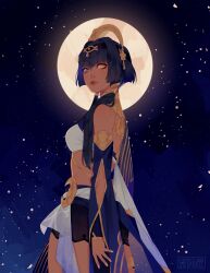 Rule 34 | 1girl, blue eyes, candace (genshin impact), clothing cutout, dark-skinned female, dark skin, egyptian clothes, eye of horus, freckles, full moon, genshin impact, hair ornament, hairband, heterochromia, highres, long hair, looking at viewer, moon, short hair with long locks, sidelocks, signature, single bare shoulder, sky, solo, star (sky), starry sky, stomach, vonnabeee, yellow eyes