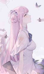 Rule 34 | 1girl, absurdres, animal, blue archive, breasts, bug, butterfly, capelet, closed mouth, commentary request, dress, flower, from side, grey background, gun, hair bun, hair flower, hair ornament, halo, highres, insect, long hair, medium breasts, mika (blue archive), pink hair, profile, purple flower, roi (liu tian), simple background, single side bun, solo, very long hair, weapon, white capelet, white dress, yellow eyes