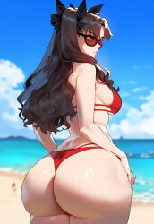 Rule 34 | 1girl, ai-assisted, ass, ass focus, bikini, black hair, blue eyes, breasts, fate/stay night, fate (series), flox, from behind, highres, huge ass, large breasts, long hair, looking back, red bikini, sideboob, swimsuit, thick thighs, thighs, thong bikini, tohsaka rin