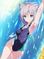 Rule 34 | 1girl, afloat, animal ear fluff, animal ears, arm up, armpits, bare shoulders, black one-piece swimsuit, blue archive, blue eyes, blush, breasts, collarbone, competition swimsuit, covered erect nipples, covered navel, cross, cross hair ornament, extra ears, from above, grey hair, hair between eyes, hair ornament, halo, highleg, highleg swimsuit, highres, ichikawa noa, inverted cross, looking at viewer, medium breasts, medium hair, mismatched pupils, multicolored clothes, multicolored swimsuit, official alternate costume, one-piece swimsuit, open mouth, partially submerged, pool, shiroko (blue archive), shiroko (swimsuit) (blue archive), smile, solo, swimming, swimsuit, two-tone one-piece swimsuit, two-tone swimsuit, water, wet, wolf ears